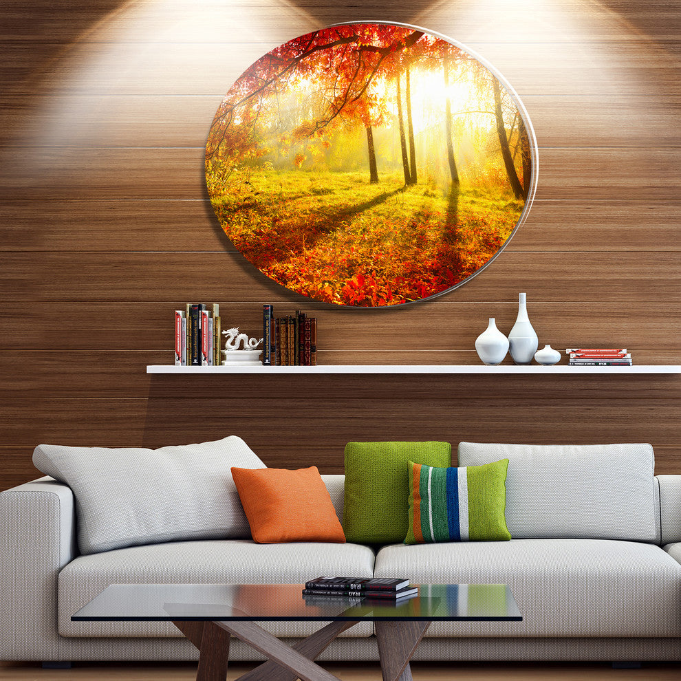 Yellow Red Fall Trees And Leaves, Landscape Disc Metal Artwork, 23"