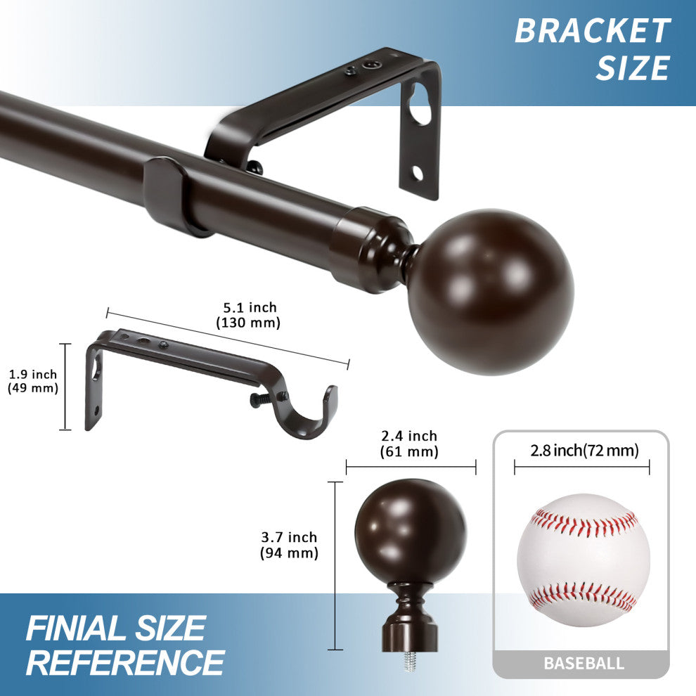 1" Steel Ball Drapery Curtain Rod, Bronze, 84"-120"