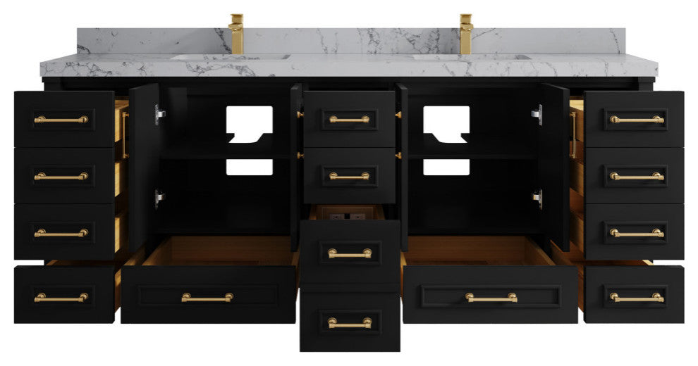Aberdeen 84 Double Sink Bath Vanity in Black 2" Venatino Quartz