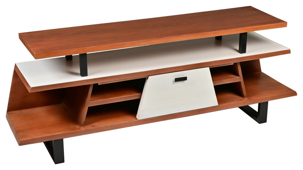Benzara UPT-270552 Acacia Wood TV Cabinet With Staggered 3 Tier, Brown & Black