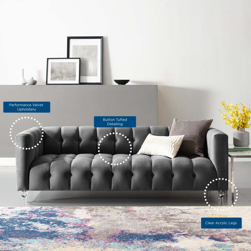 Tufted Sofa, Velvet, Dark Gray, Modern, Living Lounge Hotel Hospitality
