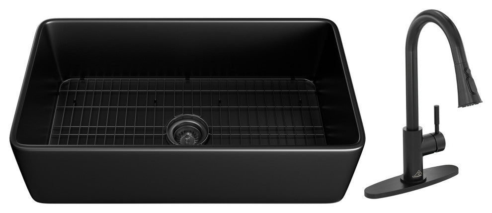 Fireclay Single Bowl Farmhouse Apron Kitchen Sink with Pull Down Kitchen Faucet, 33