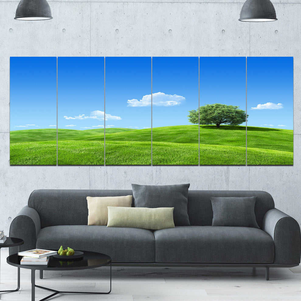 Calm Meadow with Single Tree, Landscape Canvas Art Print, 70"x28", 6 Panels