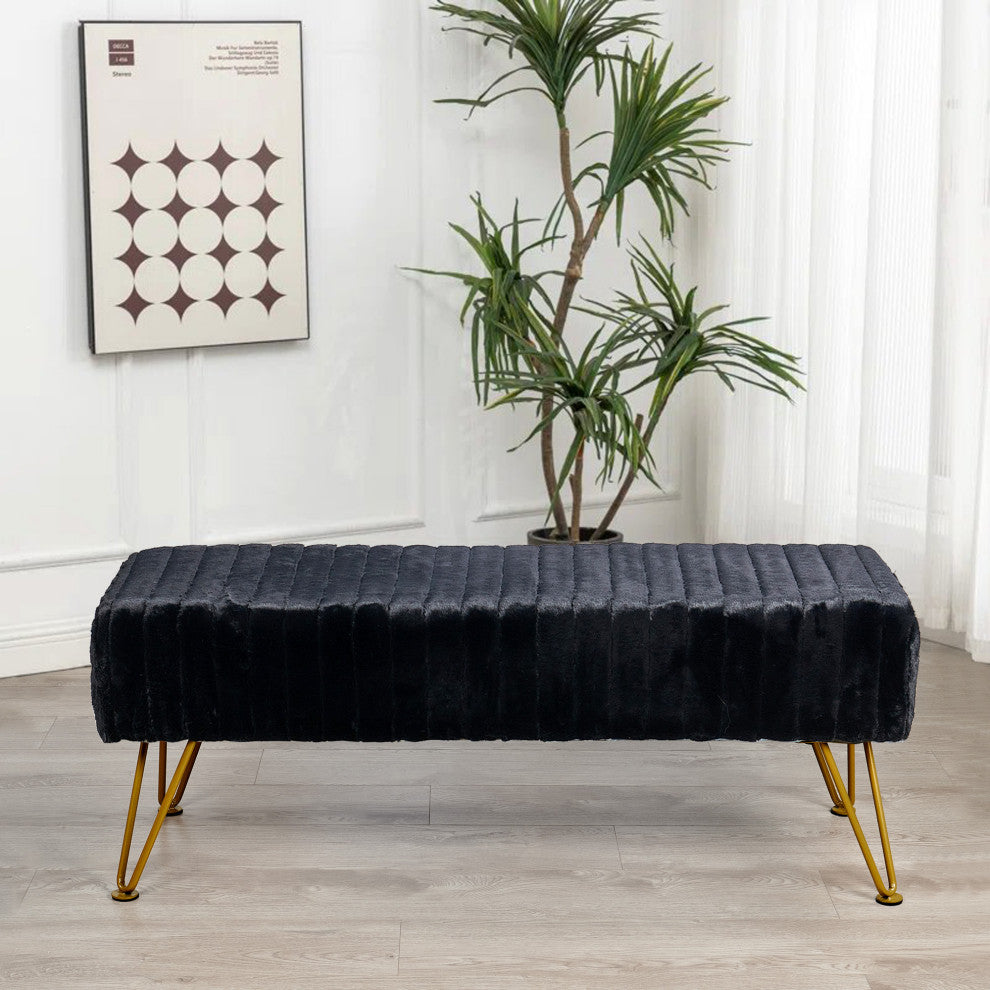 Super Mink Rectangle Ottoman With Golden Legs, Jet Black, 46"x16"x17"