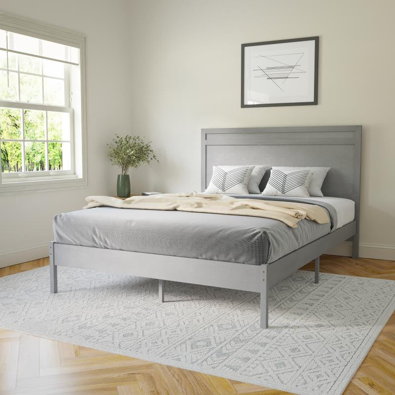 Kingston Solid Wood Platform Bed with Wooden Slats and Headboard, Gray, Queen