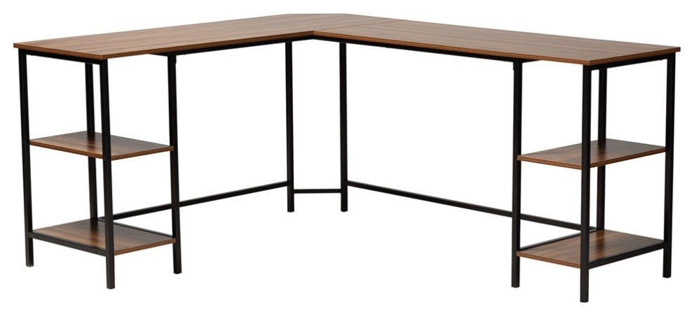 Modern Walnut Brown Finished Black Metal L-Shaped Corner Desk With Shelves