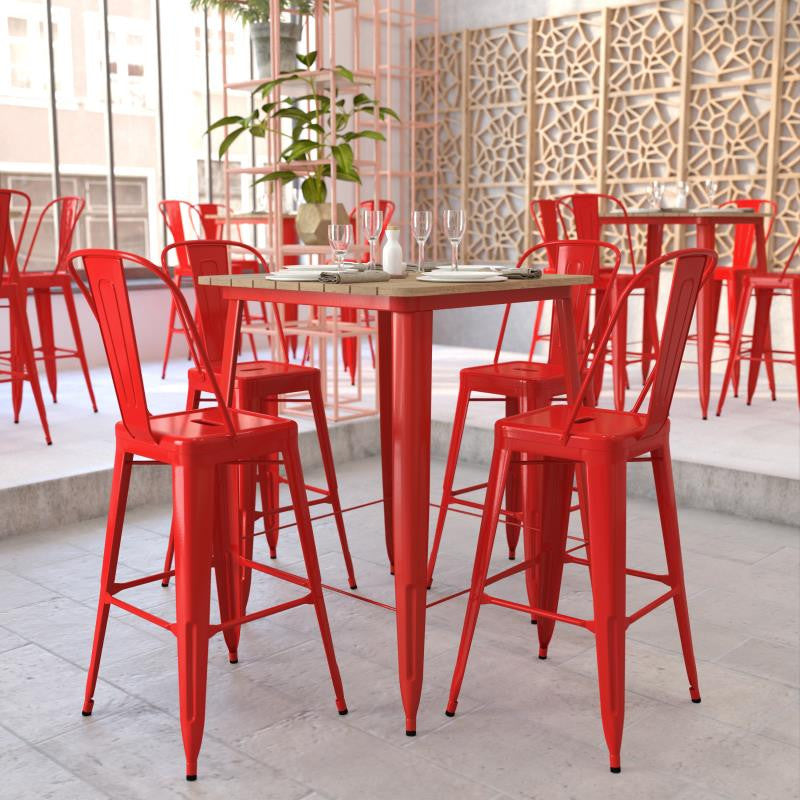 Declan Commercial Indoor/Outdoor Bar Top Square Table, 31.5", Brown/Red
