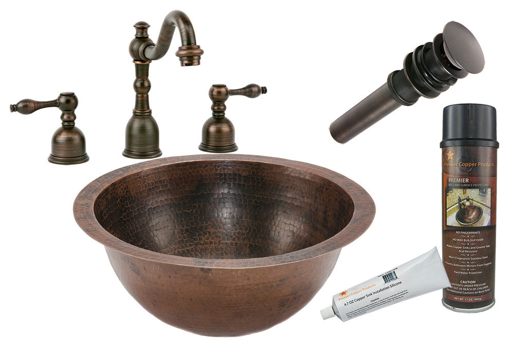 Premier Copper Products BSP2_LR14FDB 14" Under Counter Copper Sink Package