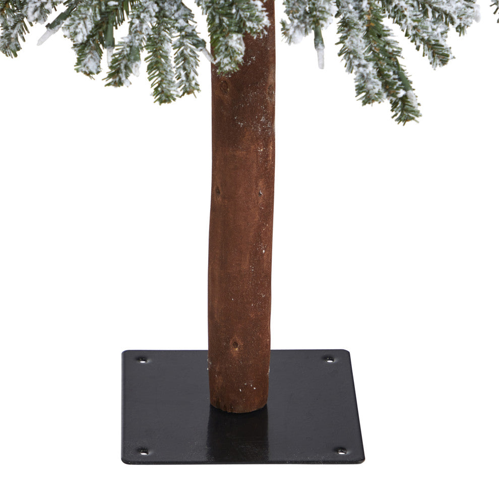 6' Flocked Grand Alpine Faux Xmas Tree W/Lights & Natural Trunk