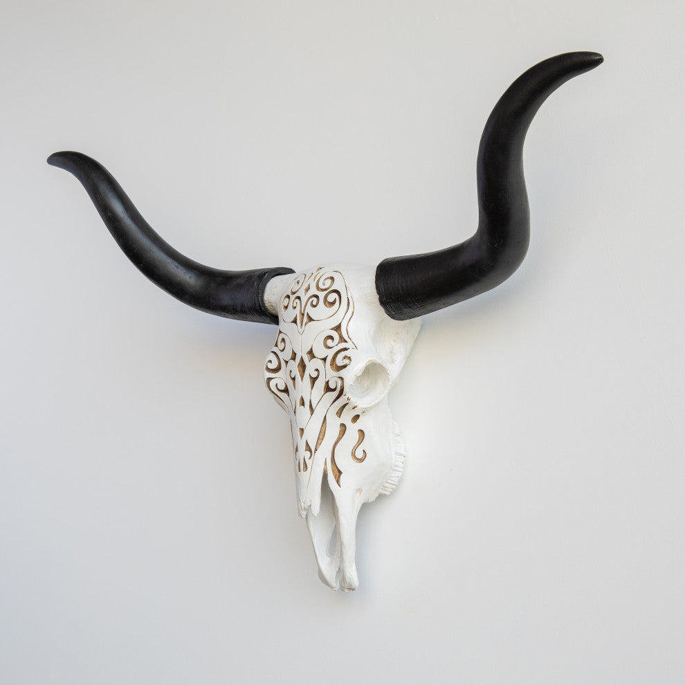 Faux Large Carved Texas Longhorn Skull Wall Decor, Off-White and Black