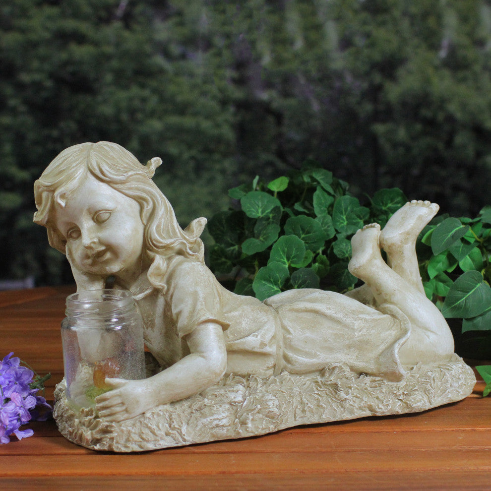 14" Lounging Girl Solar Powered LED Patio Garden Statue