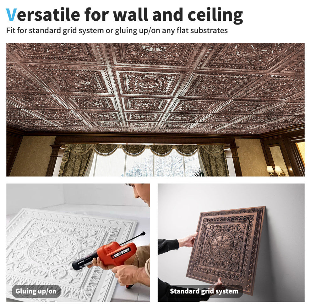 Art3d Drop Ceiling Tiles, Lay in/Glue up Ceiling Tiles, 2'x2' Plastic Sheet, Antique Copper