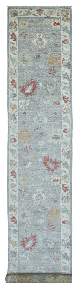 Gray Angora Oushak With Pop of Color Hand Knotted Soft Wool Rug, 3'1"x17'6"