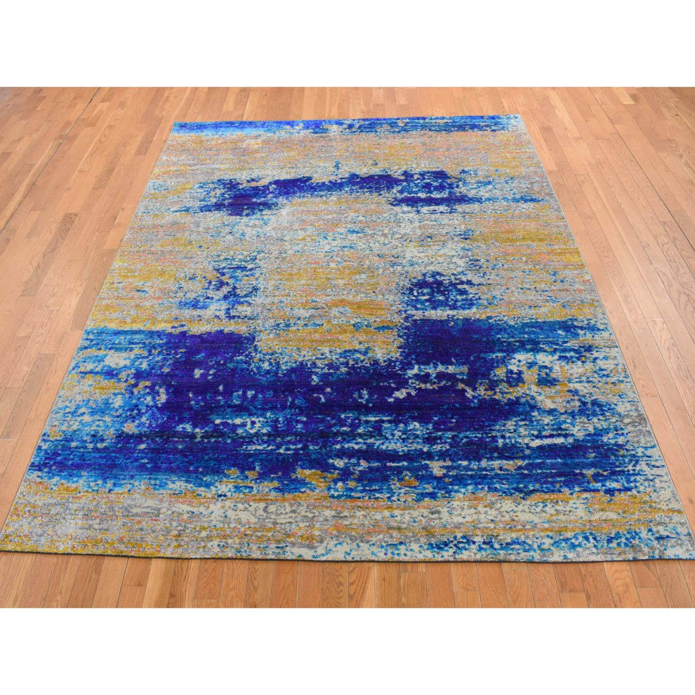 Gold Color, Silk With Wool, Abstract Design, Hand Knotted Rug, 7'10"x10'