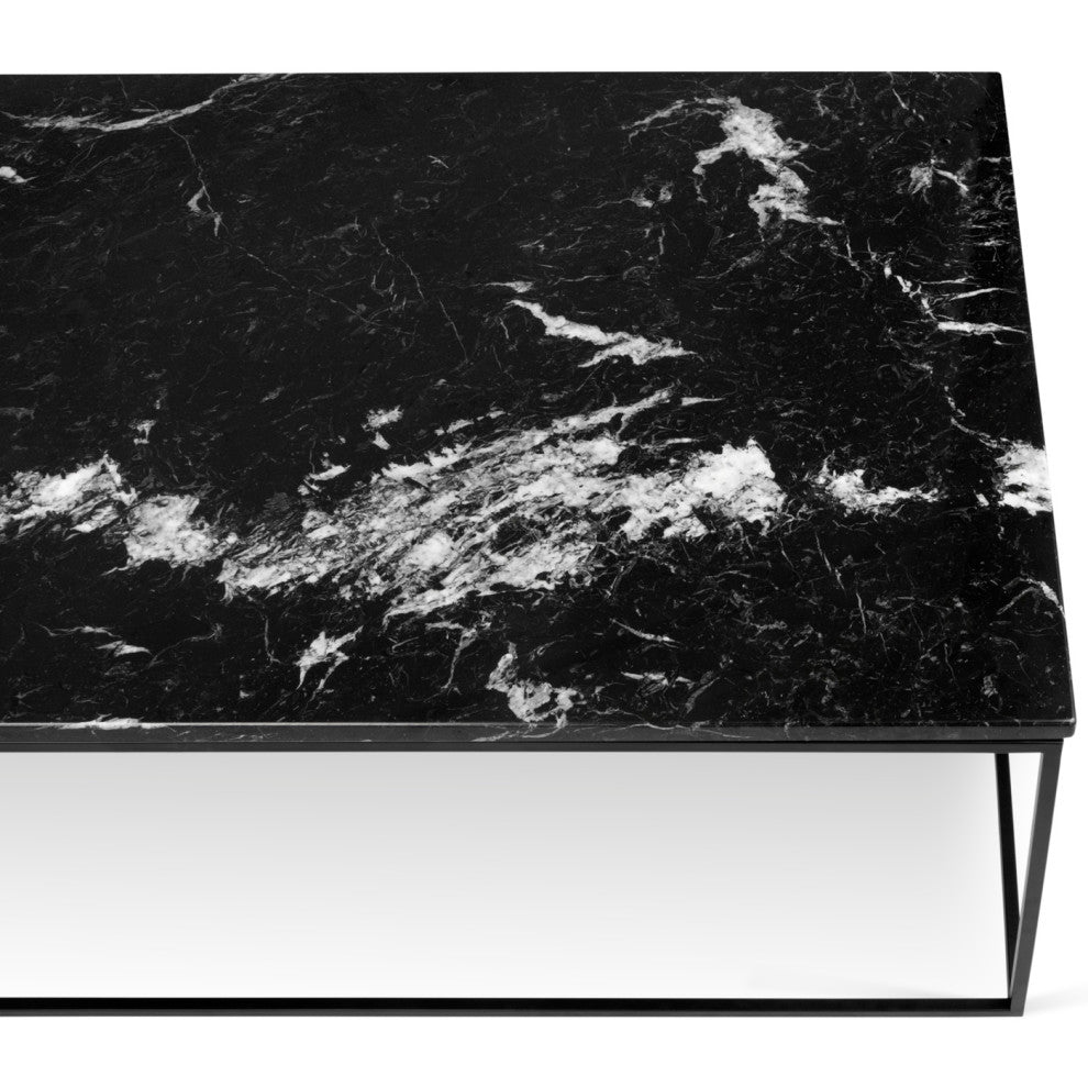 Modern Metal Rectangle Marble Top Coffee Table, Black Marble/Black Base