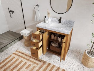 Chicago Venner Teak 36" Right Offset Vanity, Dark Natural 2" Carrara Quartz