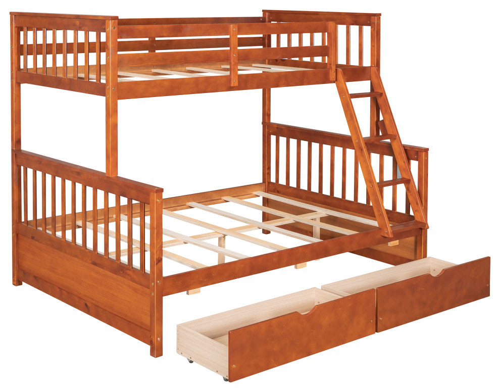TATEUS Twin Over Full Bunk Bed With Storage Drawers Wood Bunked Bed, Walnut