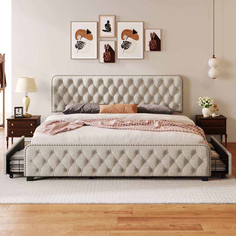 Metal Platform Bed with Headboard, Upholstered and 4-Drawer, Beige, 84.6" X 79.5"