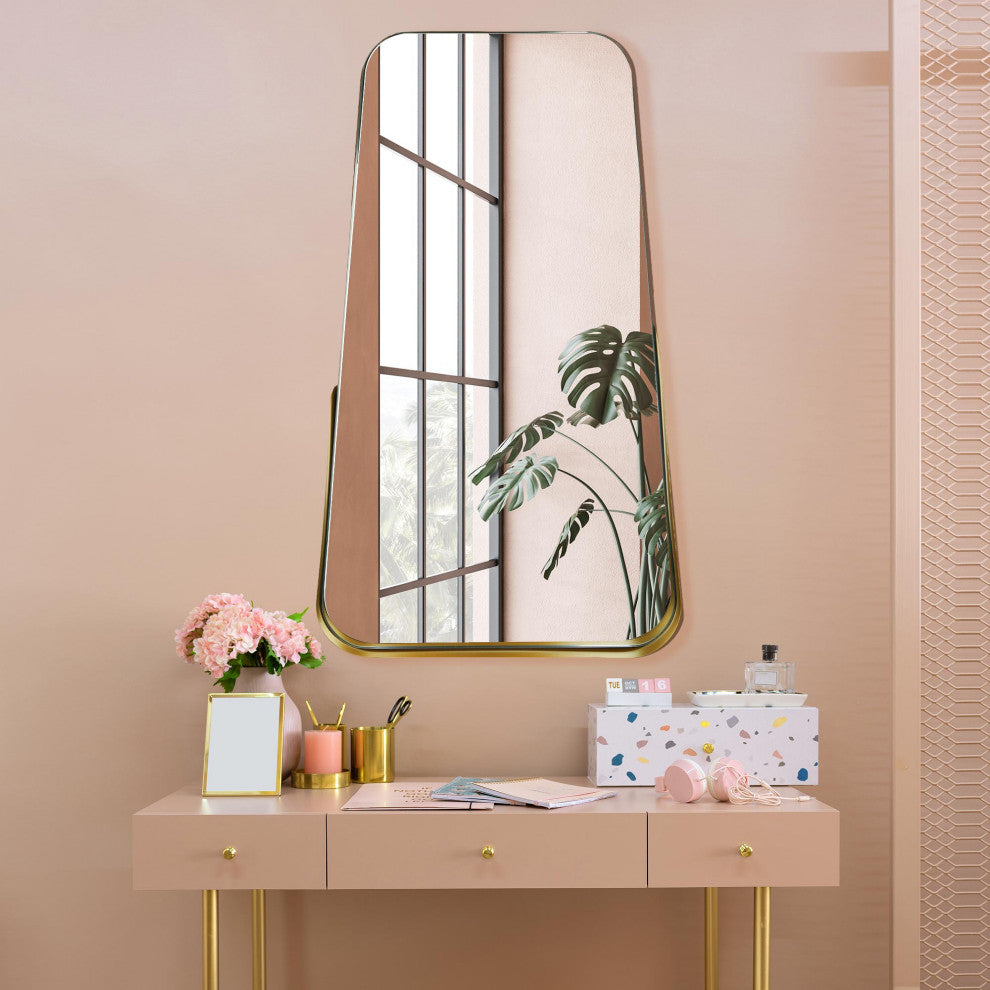 Partial Thin Gold Raised Lip Metal Framed Oblong Cone Shaped Accent Mirror