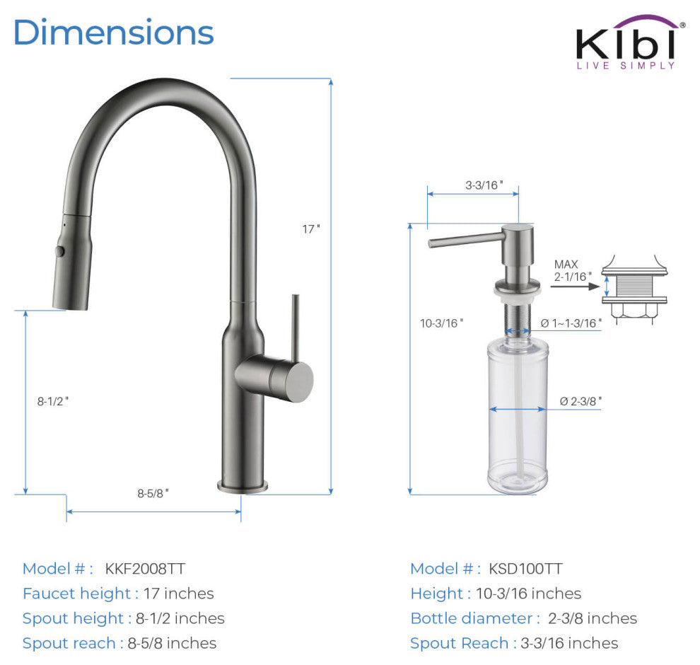 KIBI Hilo Single Handle Pull Down Kitchen Faucet, Titanium, W/ Soap Dispenser