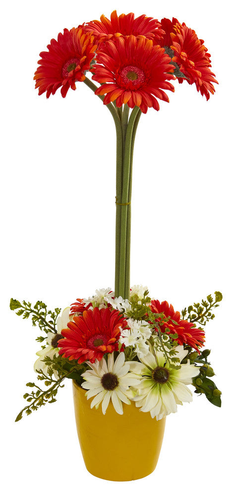 Nearly Natural Gerber Daisy Artificial Arrangement in Ceramic Vase Orange