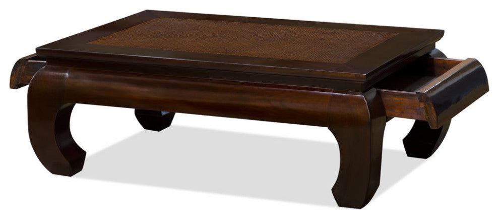 Vintage Dark Espresso Elmwood Chinese Rectangular Coffee Table with Rattan Mat