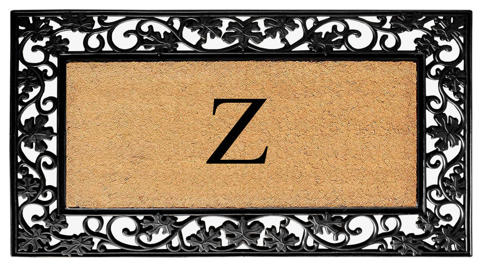 A1HC Floral Border Black 18x30 Rubber and Coir Heavy Duty Monogrammed Doormat, Z