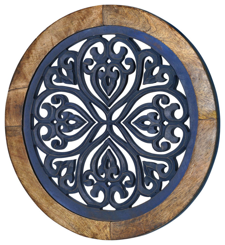 Distressed Wood Framed Round Navy Blue Wall Accent Medallion Art - 16"