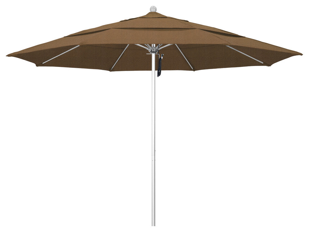 11' Silver Anodized Pulley Lift Fiberglass Rib Aluminum Umbrella, Olefin, Woven Sesame