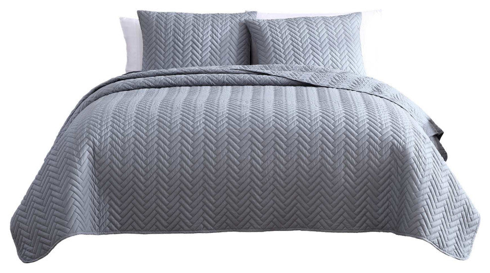 The Nesting Company Birch 3 Piece Quilt and Pillow Sham Set - Queen - Gray