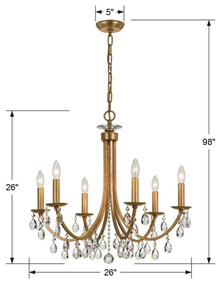 Bridgehampton 6 Light Chandelier in Antique Gold with Hand Cut Crystal