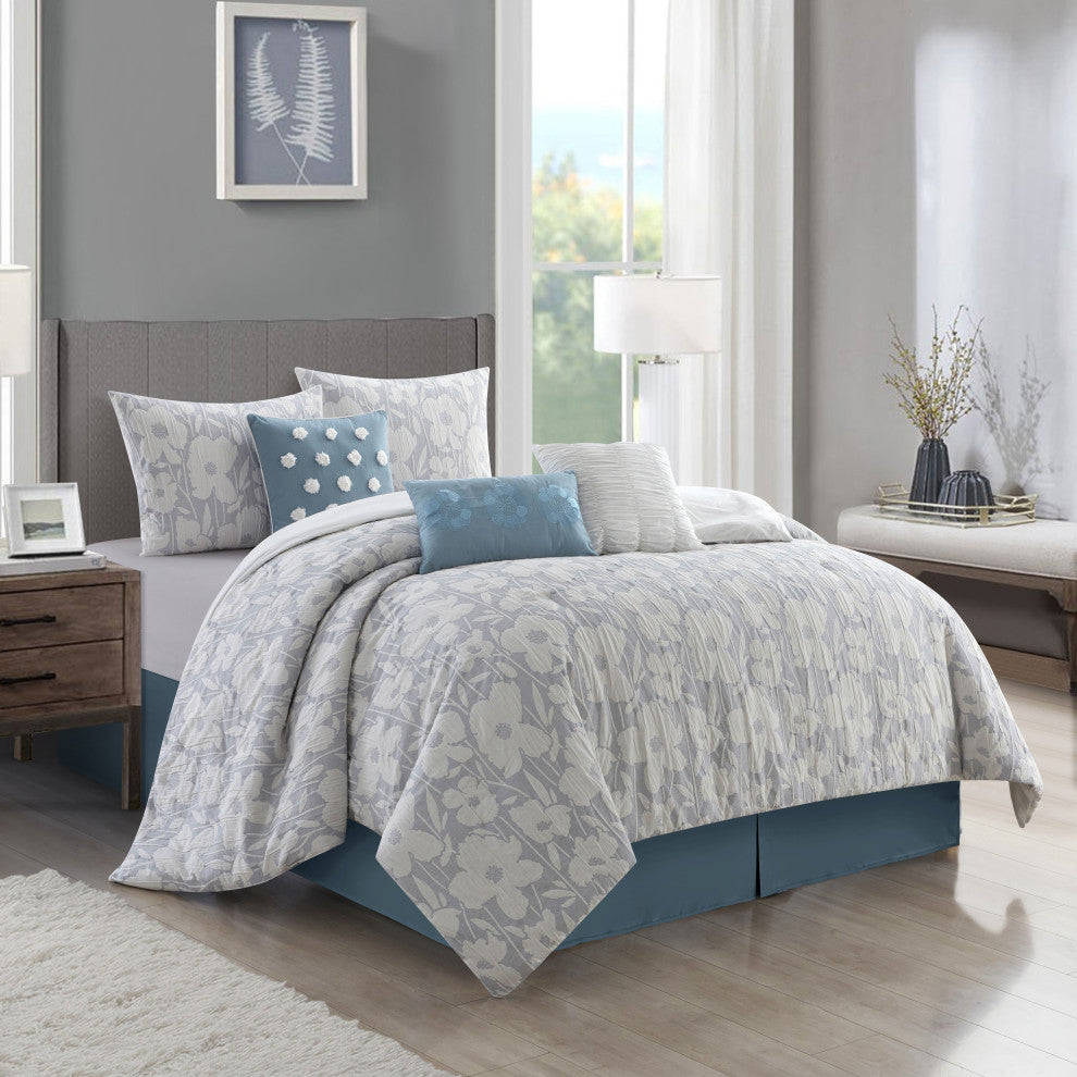 Belavia 7 Piece Comforter Set, Light Blue, Queen