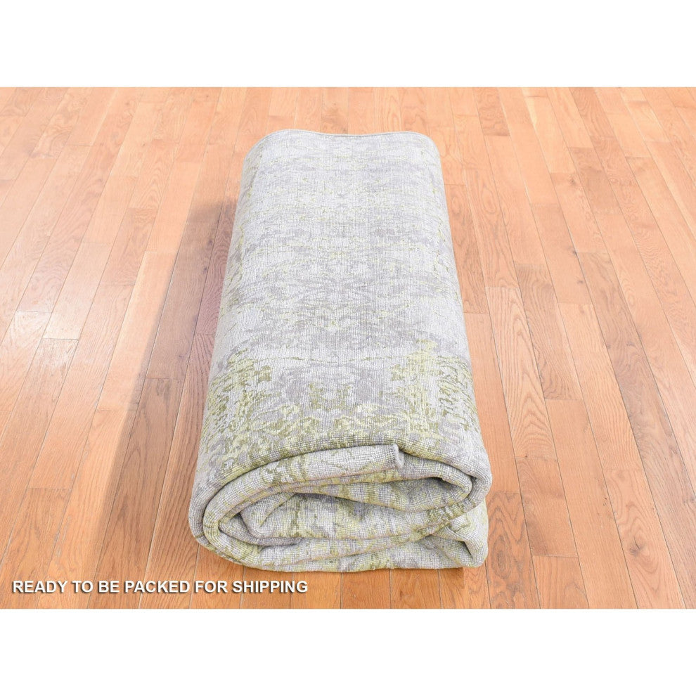 Light Gray Hand Knotted Wool And Silk Transitional/Modern Design Rug, 9'x11'9"
