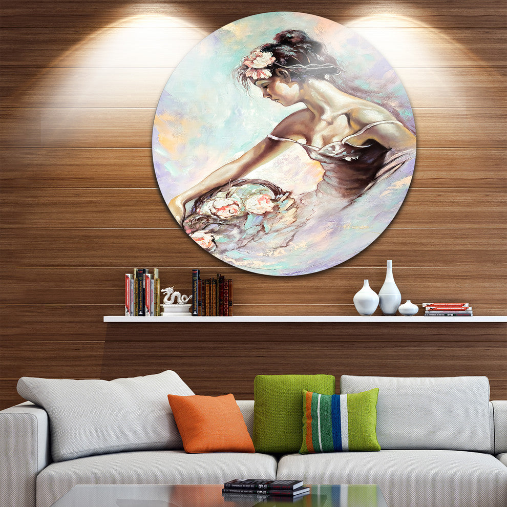 Girl With Flower Bouquet, Floral Large Disc Metal Wall Art, 36"