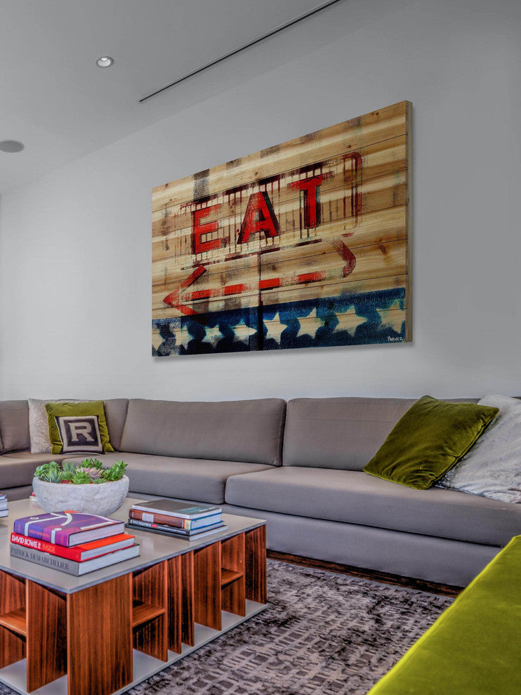 "Eat" Painting Print on Natural Pine Wood, 60"x40"