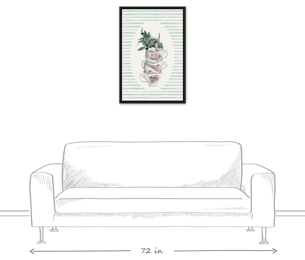 Stack Of Tea Cups Floral Stripes 6 20x30 Black Floating Framed Canvas