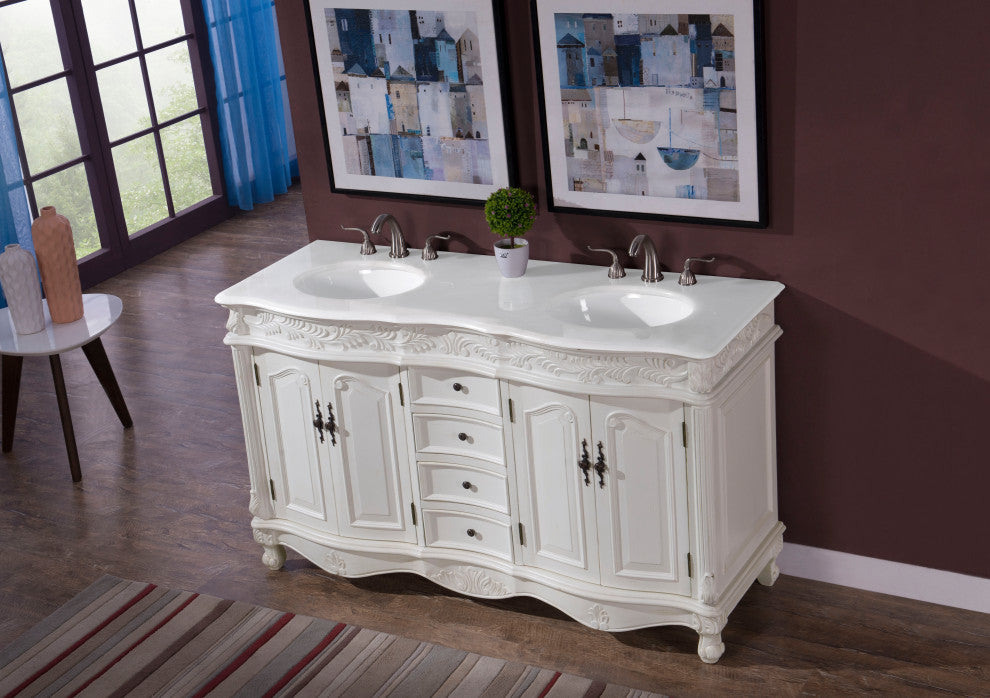 60" Double Bathroom Vanity, with Ivory White Engineered Marble in Antique White
