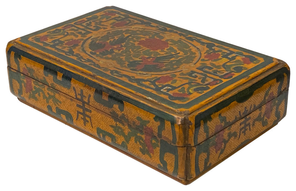 Chinese Distressed Yellow Phoenix Graphic Rectangular Shape Box Hws1993