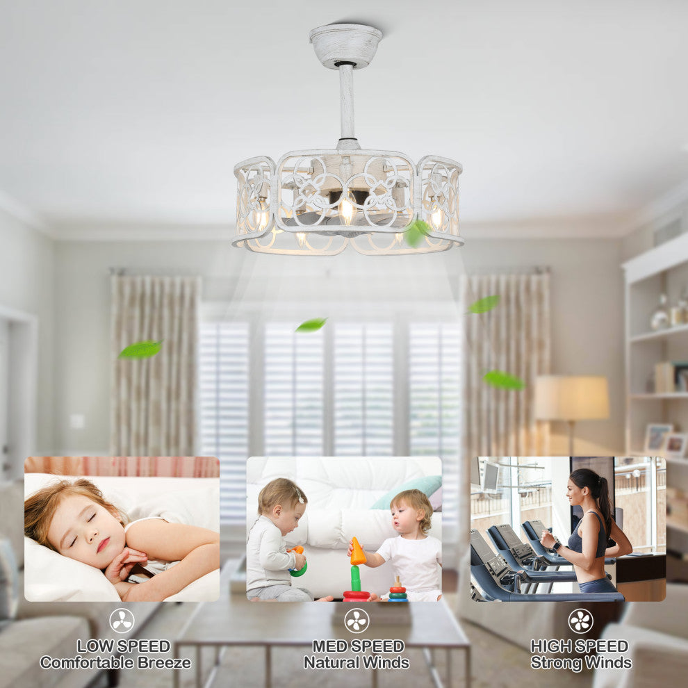 20" Distressed White Ceiling Fan, Metal Caged Fan Light w Remote