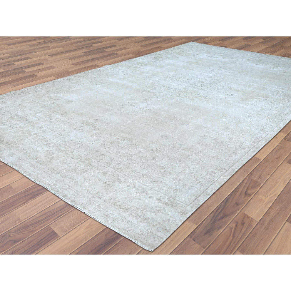 Beige, Vintage Persian Kerman, Worn Wool, Hand Knotted, Rug, 7'6" x 12'10"
