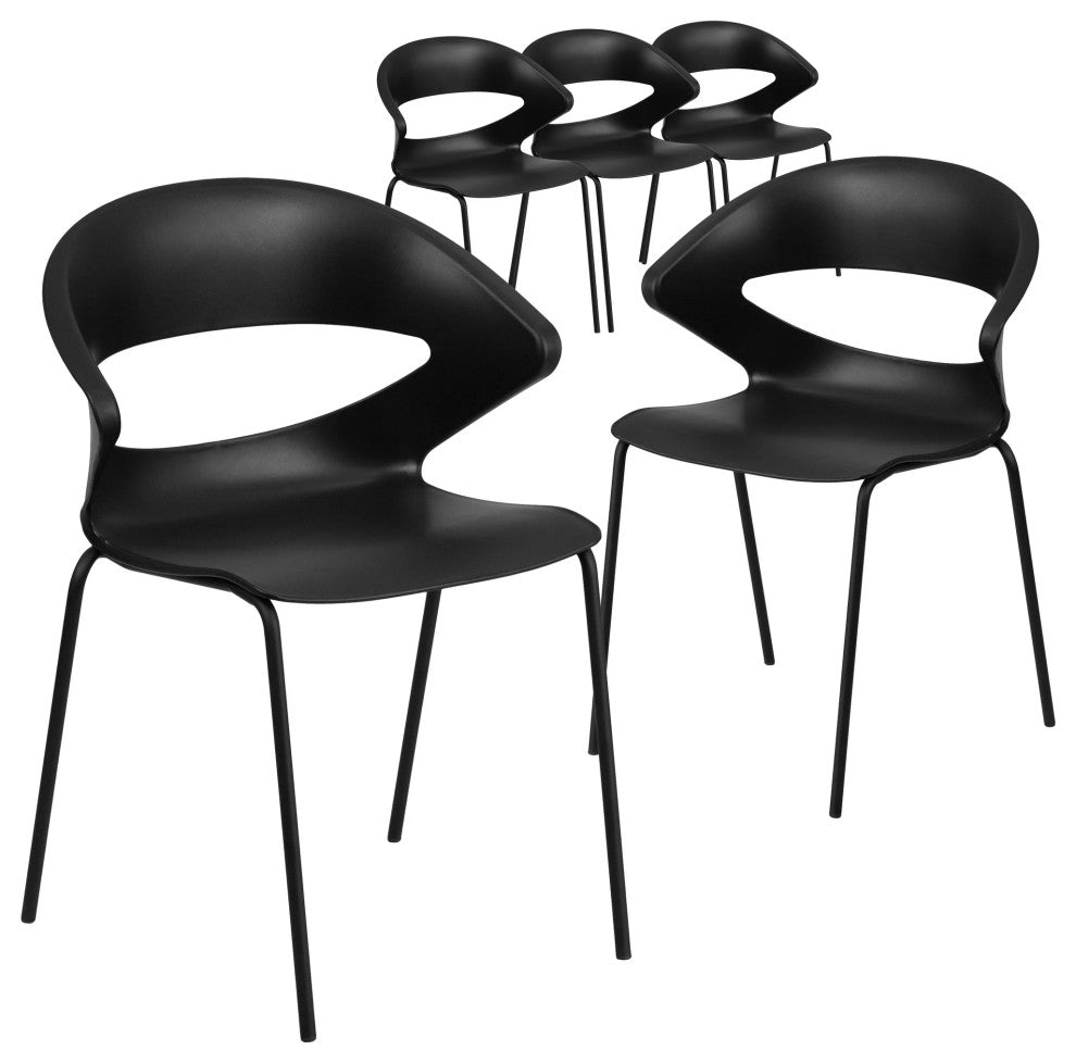 5 Pack Multipurpose Stack Chair, Black Plastic Seat With Unique Curved Open Back