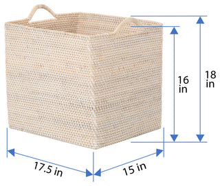 Loma Rectangular Tall Decorative Rattan Storage Basket with Ear Handles, Large, White Wash