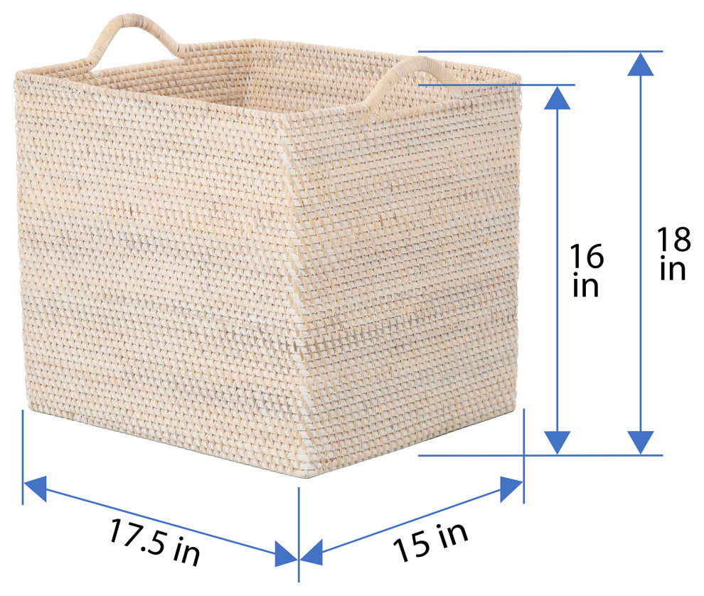 Loma Rectangular Tall Decorative Rattan Storage Basket with Ear Handles, Large, White Wash