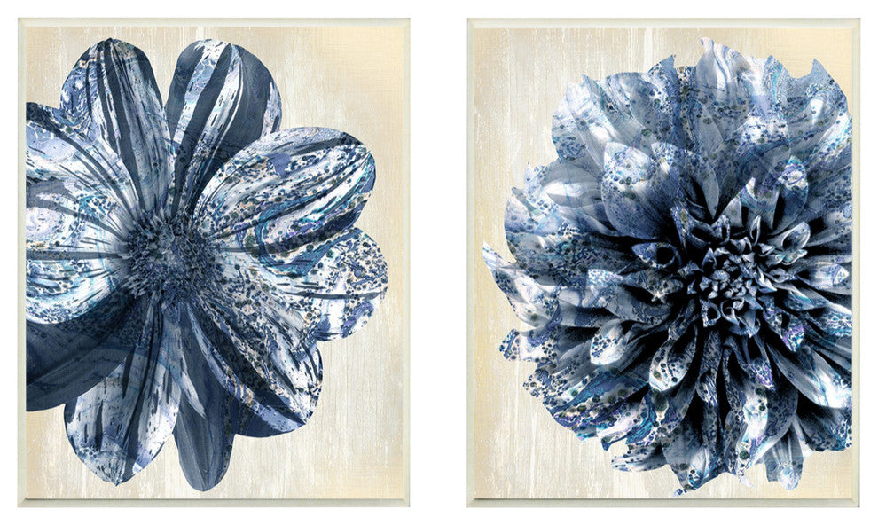 Indigo White & Tan Marble Blooming Flowers 2-Piece Wall Art Set, 10"x15"