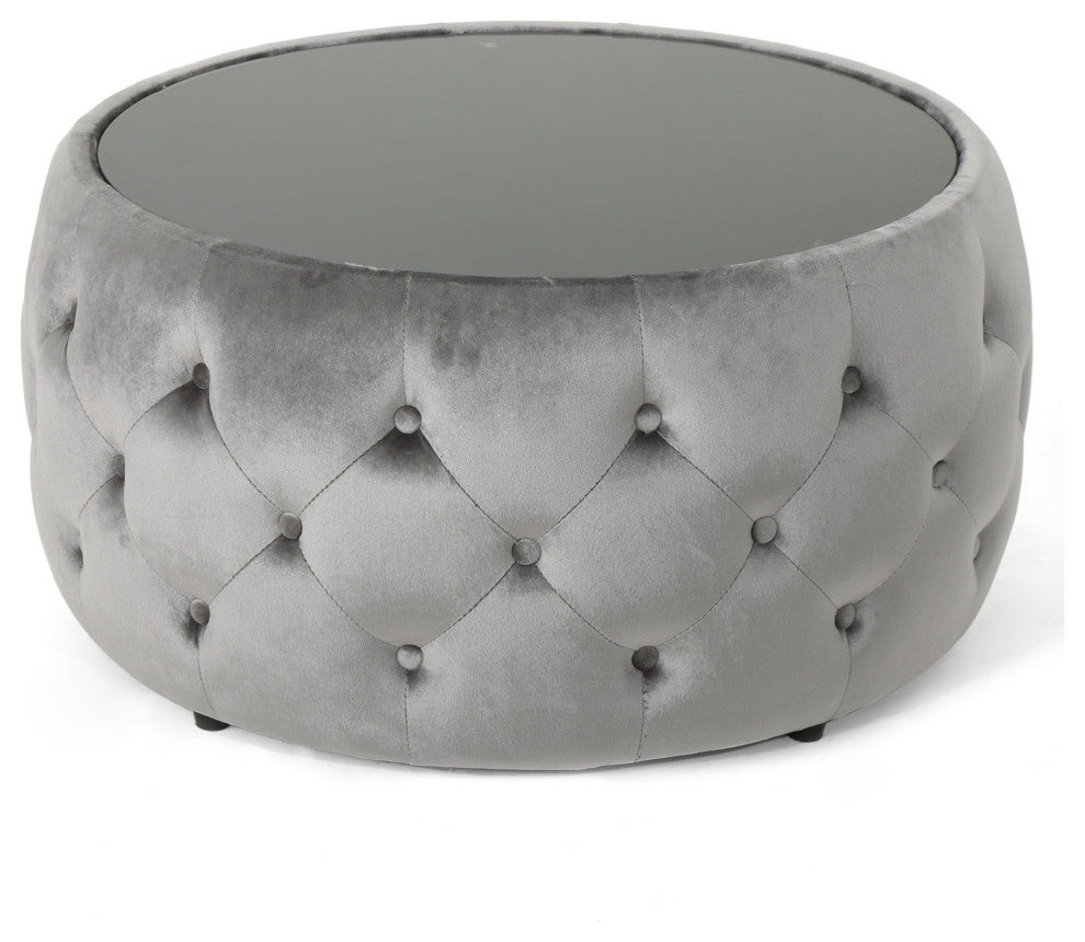 GDF Studio Ivy Glam Velvet and Tempered Glass Coffee Table Ottoman, Smoke/Black