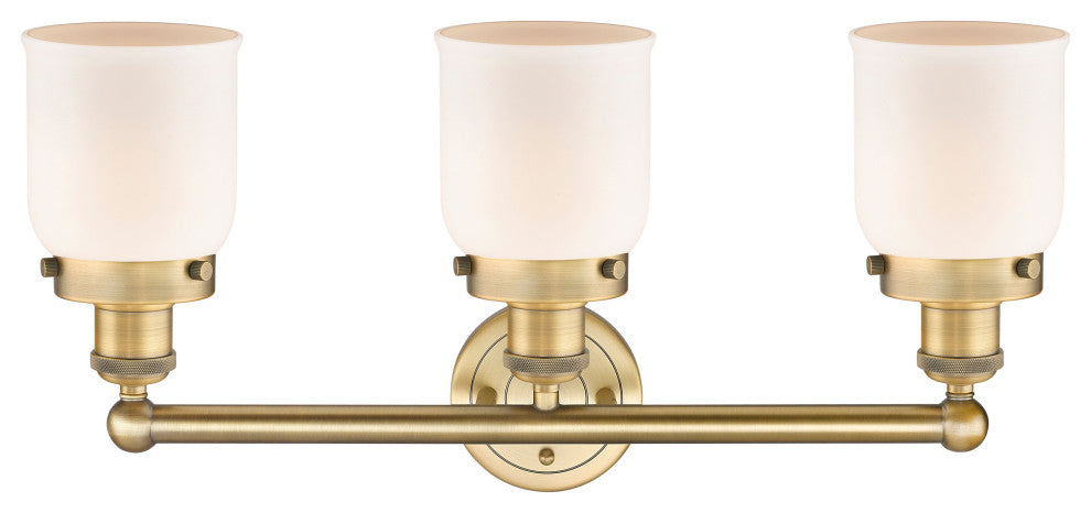 Edison Small Bell 3-Light 25" Vanity Light, Brushed Brass With Matte White Shade