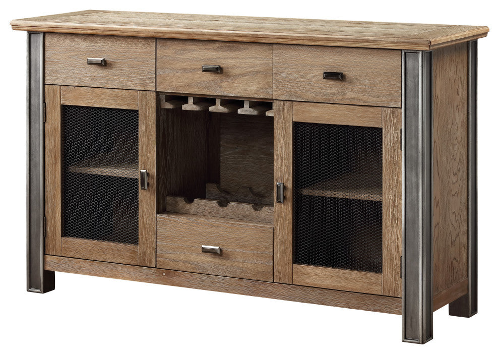 Benzara BM215015 Server With Mesh Metal Doors and Stemware Storage, Brown