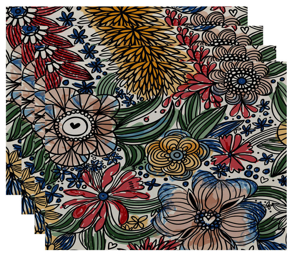 Zentangle Floral Floral Print Placemat, Set of 4, Red