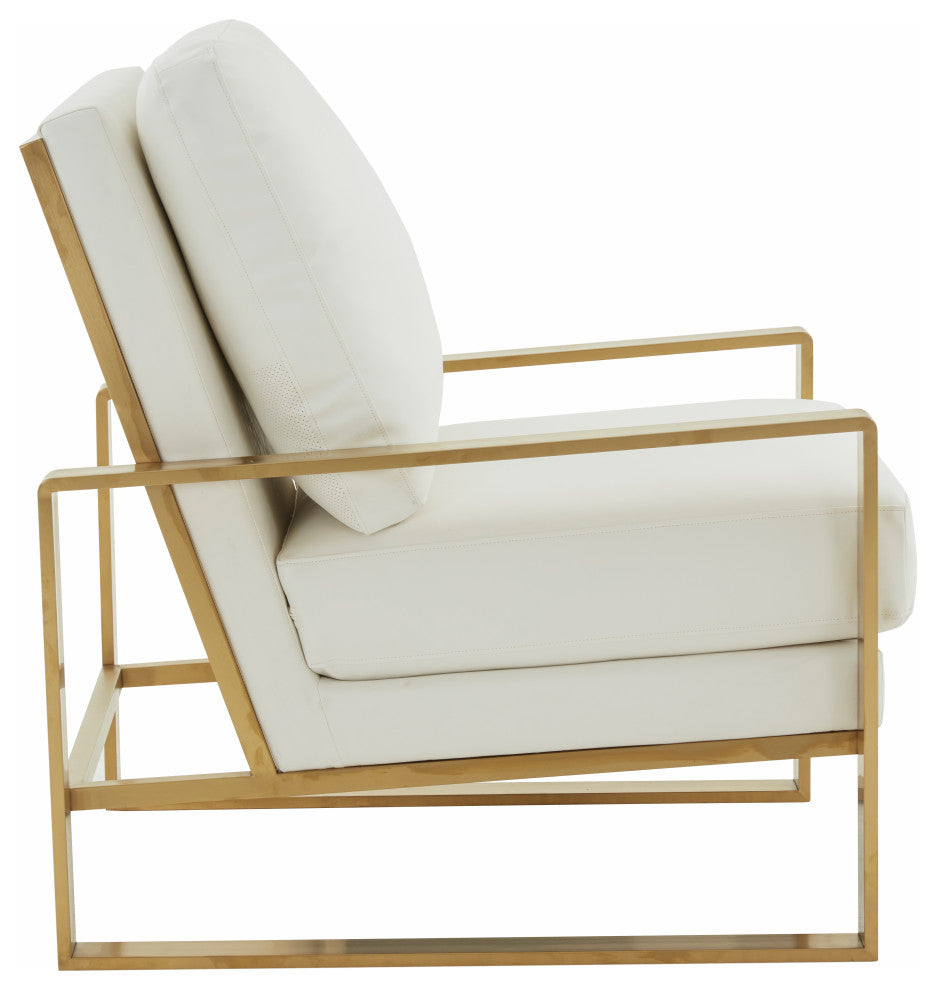 LeisureMod Jefferson Faux Leather Accent Armchair With Gold Frame, White