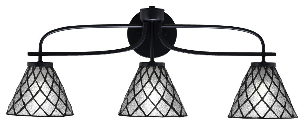 Cavella 3 Light Bath Bar, Matte Black Finish, 7" Diamond Ice Art Glass